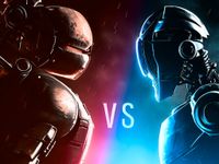 Two robots standing face to face for a fight