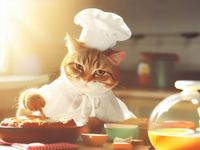 A chef cat cooking in a sunny day